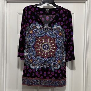 Chico's Vibrant Tunic - Intricate Pattern - Black, Pink & Purple - Size Small